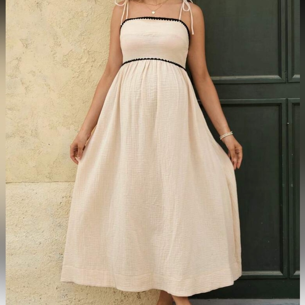 NWOT Beige Cotton Gauze Maternity Dress Flowy Midi Bump Friendly Summer Outfit